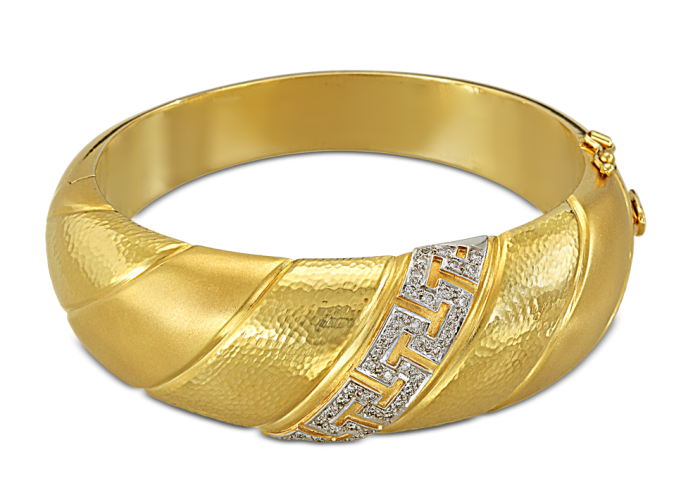 Hammered bangle bracelet with diamond Greek key decoration